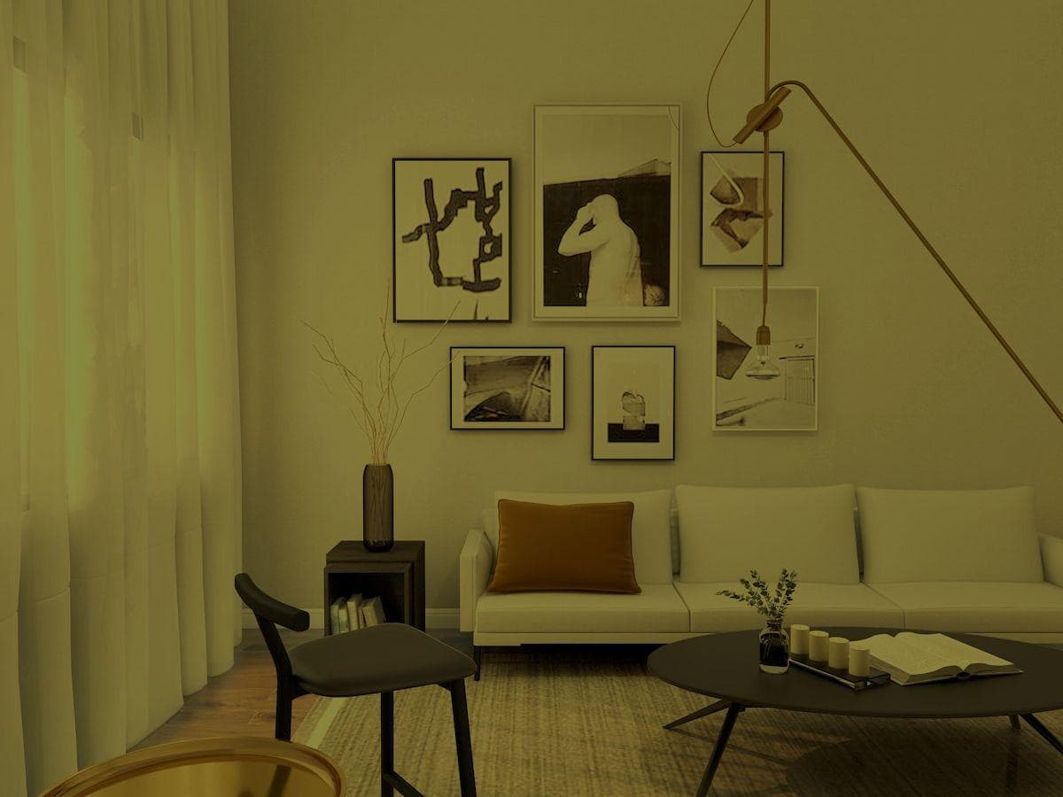 Airbnb bedroom with strong yellow color cast from indoor lighting