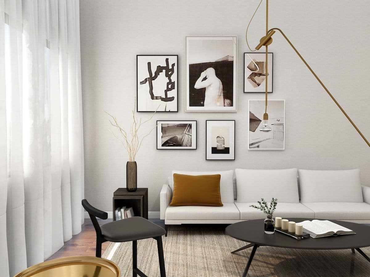 Same empty living room enhanced with warm tones and bright, airy editing