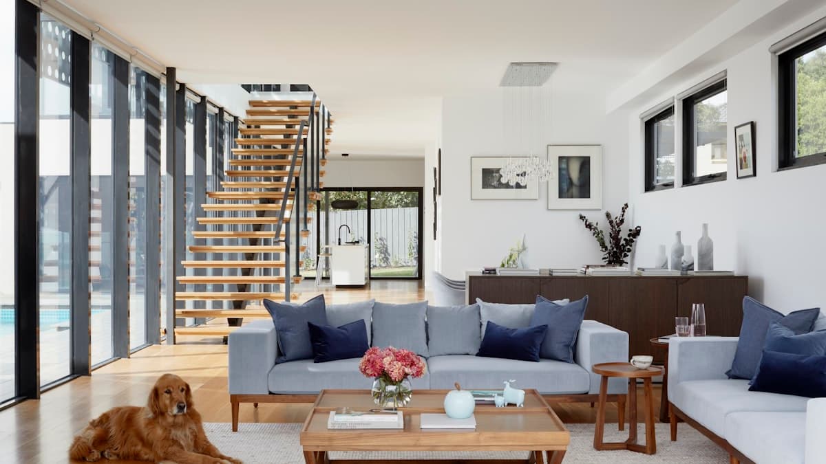 Split-screen comparison showing a real estate photo before and after professional AI editing